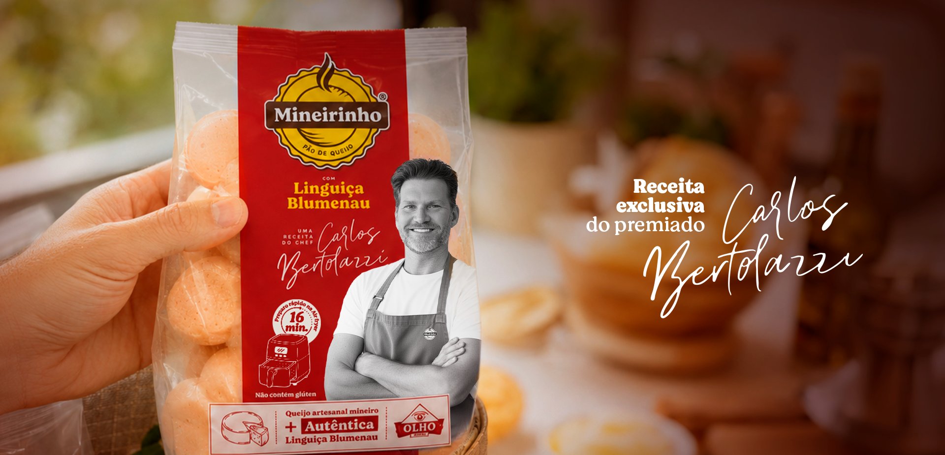 Pão de Queijo Mineirinho com Linguiça Blumenau, receita exclusiva do Chef Carlos Bertolazzi.